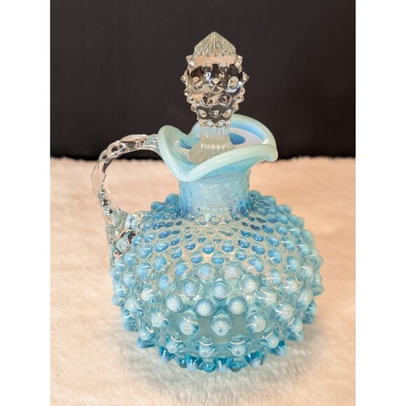 Vntg Fenton English Hobnail Blue Opalescent Glass Cruet With Stopper Spa Decor - Picture 2 of 9